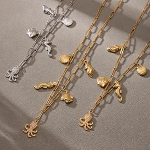 Stainless Steel Ocean Octopus Seahorse Pendant Necklace Gold Silver Paperclip Chain Beach Jewelry For Women Zircon DIY