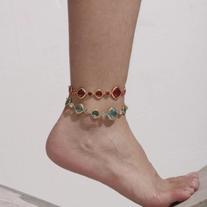 Double layer 18k gold plated stainless steel anklet with colorful square crystal stones