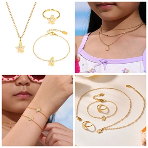Detail of colorful unicorn star jewelry set including necklace, bracelet and ring for kids