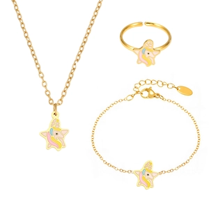 Golden unicorn and star jewelry set for kids with colorful enamel necklace bracelet and ring