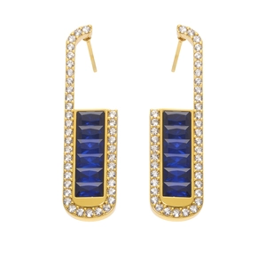 Elegant gold J-shape earrings featuring vertical blue rectangle gems and white diamonds
