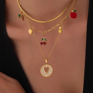 Collar con Colgante de Corazón y Frutas de Acero Inoxidable Chapado en Oro Plata Zirconia Colorida Esmalte Cereza Joyería para Mujer Casual