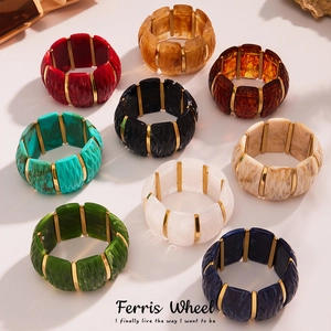 Vintage Resin Stainless Steel Bangle Bracelet For Women Wide Geometric Elastic Square Pattern Chunky Fashion Jewelry