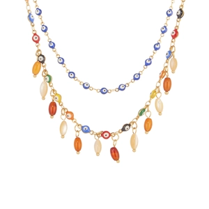 Dubbellaagse gouden ketting met kleurrijke Evil Eye kralen en agaat hangers