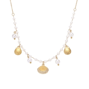 Golden seashell pearl necklace with zircon accents on a minimalist white background