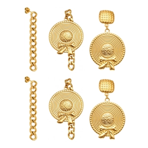Golden titanium steel jewelry set featuring chain drop earrings and bow hat round charms