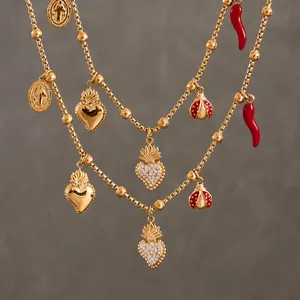 Vintage Roestvrijstalen Multi Hanger Halsketting Voor Dames Verguld Emaille Rode Chili Lieveheersbeestje Hart Religieuze Munt Zirkonia Sieraden