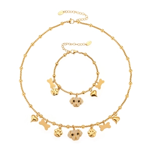 Parure bijoux dorée en acier inoxydable avec pendentifs chien, cœur et os pour femme