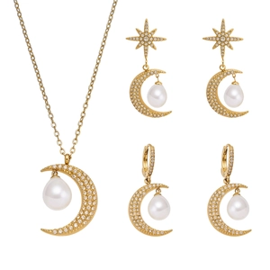 Parure bijoux en acier doré avec lune, étoile en zircon et perles en forme de larme