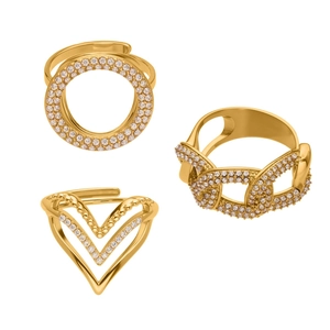 Dreiteiliges Set vergoldeter Ringe mit Zirkonia-Herz und Gliederketten-Design
