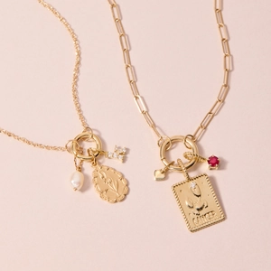 Gold paperclip chain necklace with Cancer zodiac sign plaque and red birthstone charm