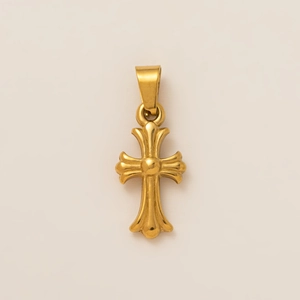 Polished gold cross pendant featuring baroque style rounded arms and center bead detail