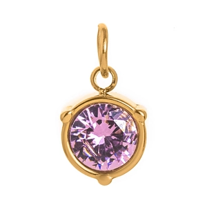 Detailopname van een ronde roze edelsteenhanger met een 18K goudvergulde basis