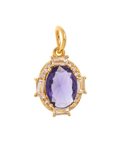 Macro shot of oval purple amethyst pendant with cubic zirconia halo in gold finish