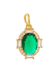 Detailed close-up of emerald green oval zircon pendant with white accent stones and gold plating