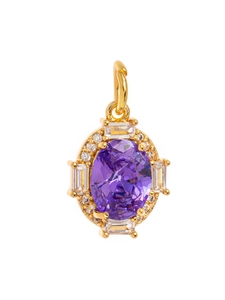 Macro shot of oval purple stone pendant with white zircon halo and gold plating