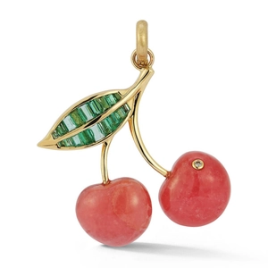 Detailed view of cherry pendant featuring pink mineral stones and green emerald leaves