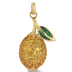 Detailed view of luxury lemon pendant with yellow pavé crystals and green leaf gems