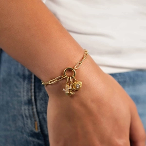 18K vergulde paperclip ketting armband met diamanten kruis en hart hangers