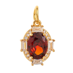 Elegant gold oval pendant featuring a red birthstone and sparkling cubic zirconia halo