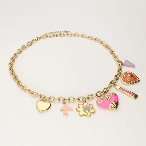 Detail of gold charms including enamel sunflowers and heart pendants with AMOUR text