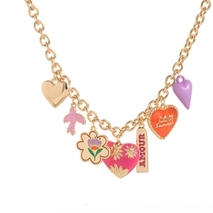 Gold multi-charm necklace with colorful enamel hearts, bird, flower and Amour tag
