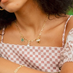 Golden link chain necklace with horseshoe, pearl and acorn charms on a model