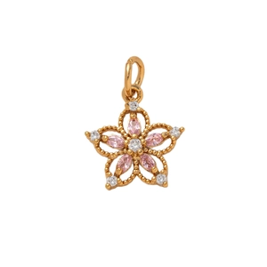 Golden flower pendant with pink marquise crystals and clear diamonds on white background