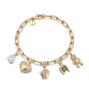 Gold charm bracelet with heart, horseshoe, and pearl charms on a thick link chain