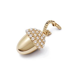 Polished gold acorn pendant with dense white pearl inlay and twisted rope ring detail
