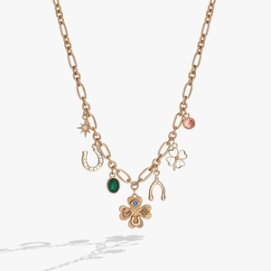 Gold plated four leaf clover necklace with diamond letter pendants and colorful gems