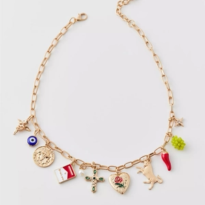 Western vintage chunky gold necklace with cross, angel, and multi-element charms