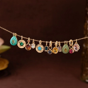18K gold plated stainless steel necklace with twelve colorful gemstone birthstone pendants