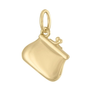 Vue détaillée d'un pendentif vintage en forme de bourse en acier inoxydable poli doré 18K