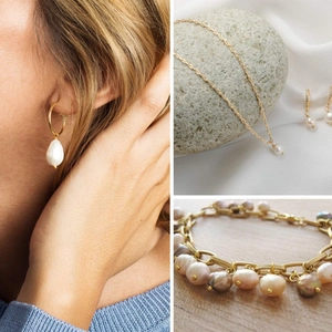 Barokke zoetwaterparel sieradenset met ketting oorbellen en armband in goud