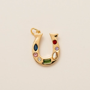 Golden horseshoe pendant with seven colorful zircon stones for summer necklace