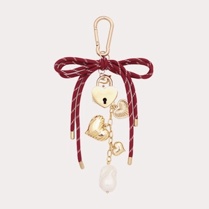 Fashion Woven Rope Bow Keychain For Women Alloy Heart Pendant Bag Charm With Artificial Baroque Pearl And Evil Eye Decor