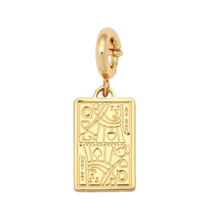 Pendentif carte poker Dame de Cœur en acier inoxydable plaqué or 18K poli avec anneau