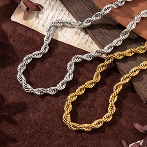 Fashionable stainless steel twisted rope chain necklace in gold and silver finish