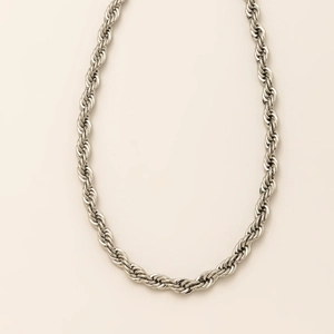 Classic silver stainless steel rope chain necklace with a high-polish twisted texture