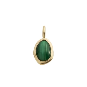 Macro detail of malachite pendant with green stripes and 18K gold plated bezel setting