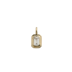 Detail of 18K gold plated rectangular pendant with emerald cut clear gemstone inlay