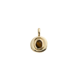 Detail of 18K gold plated necklace with an irregular oval frame and tiger eye stone