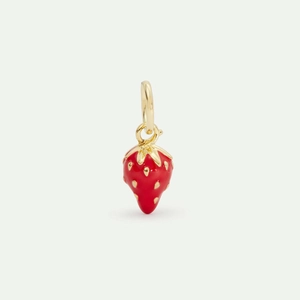 Detail of red enamel strawberry pendant with 18K gold plated seeds and leafy top
