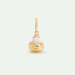 Detailed view of an 18K gold-plated cupcake pendant with pink enamel and small pearls