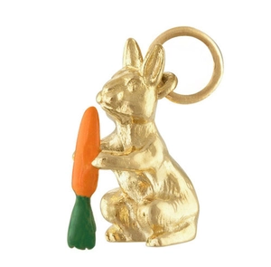 Detail of 18K gold stainless steel rabbit pendant holding an orange carrot with ring