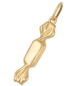 Detailed view of candy-shaped 18K gold-plated stainless steel charm with high polish finish