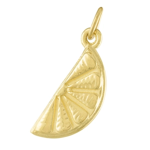 Macro detail of 18K gold-plated stainless steel lemon fruit slice pendant with fine textures