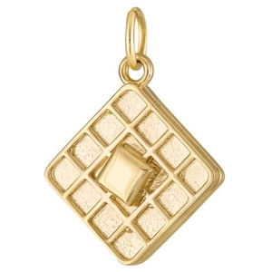 Detailed view of square grid pattern 18K gold-plated pendant with polished bail