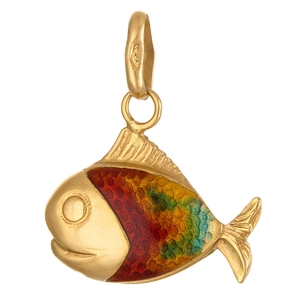 Detailed macro view of 18K gold fish pendant with colorful gradient enamel and scales